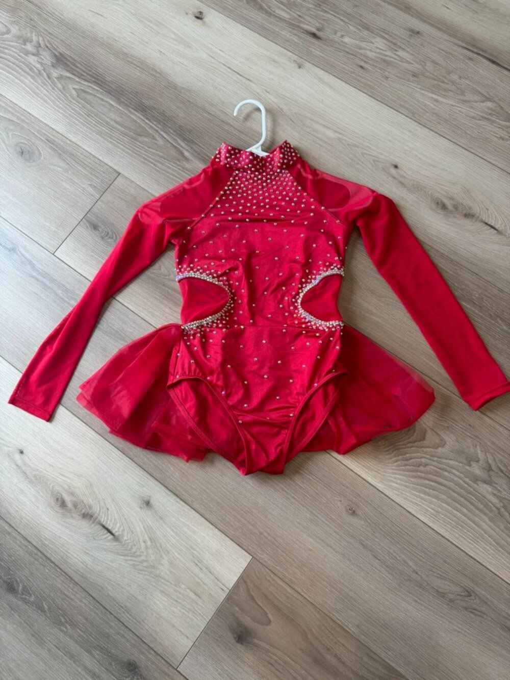 Red Rhinestone Long Sleeve Jazz Acro Dance Competition Costume MEDIUM CHILD 8/9